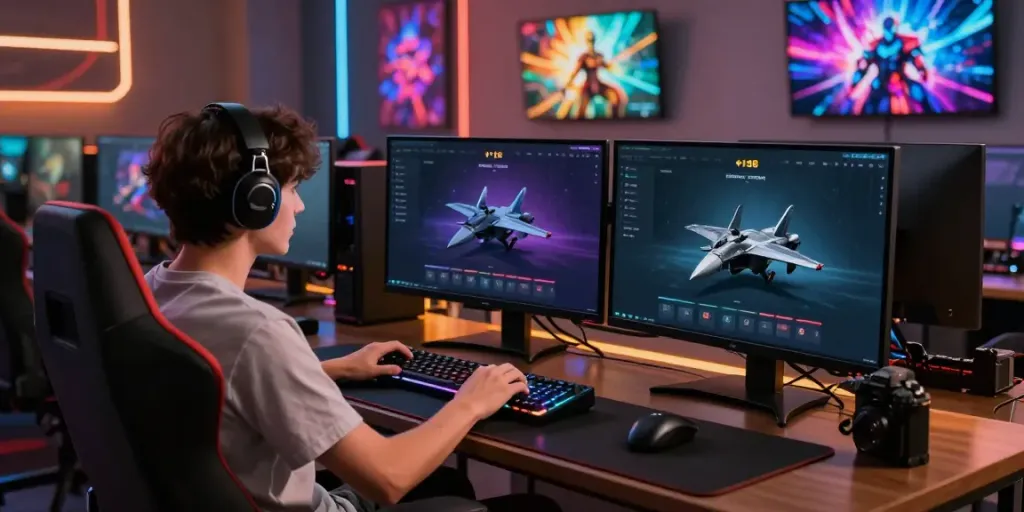 Dynamic gaming scene highlighting f168 đăng nhập interface with user engaging at modern desk.
