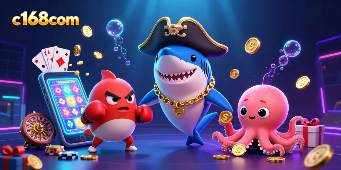 Engage with c168com in this vibrant 3D scene featuring playful casino characters and lively gaming elements.