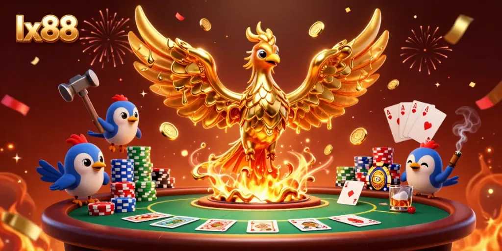 Engage with lx88's rich casino games through a fiery phoenix emblem and dynamic gaming elements.