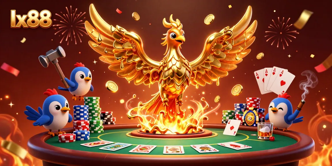Engage with lx88's rich casino games through a fiery phoenix emblem and dynamic gaming elements.