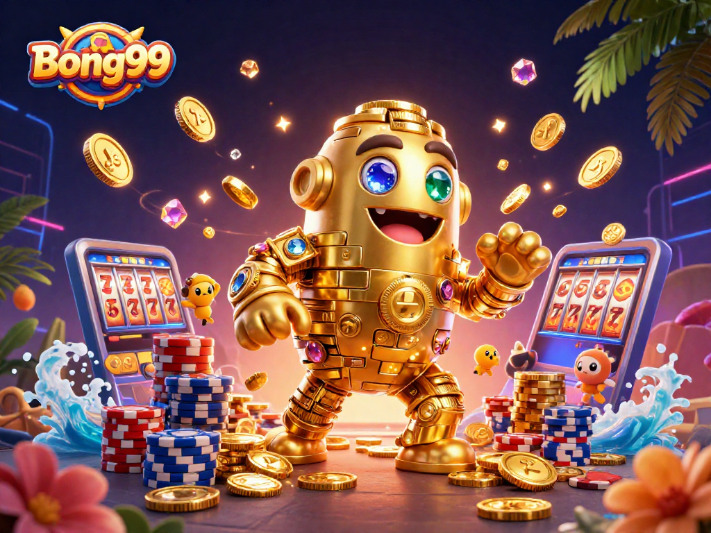 Bong99 showcases an ancient golden golem surrounded by dynamic casino elements, embodying the thrill of winning.