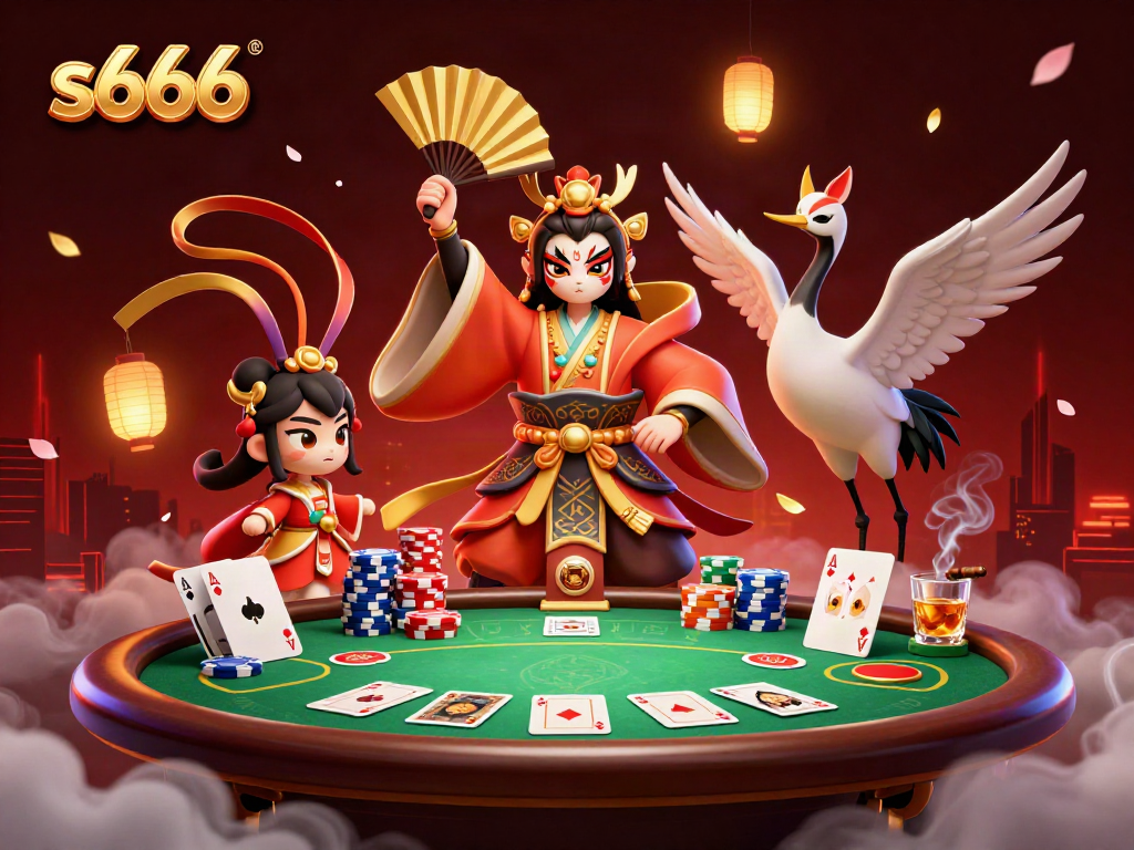 Engage with s666 in a vibrant casino scene featuring a kabuki warrior and poker elements.