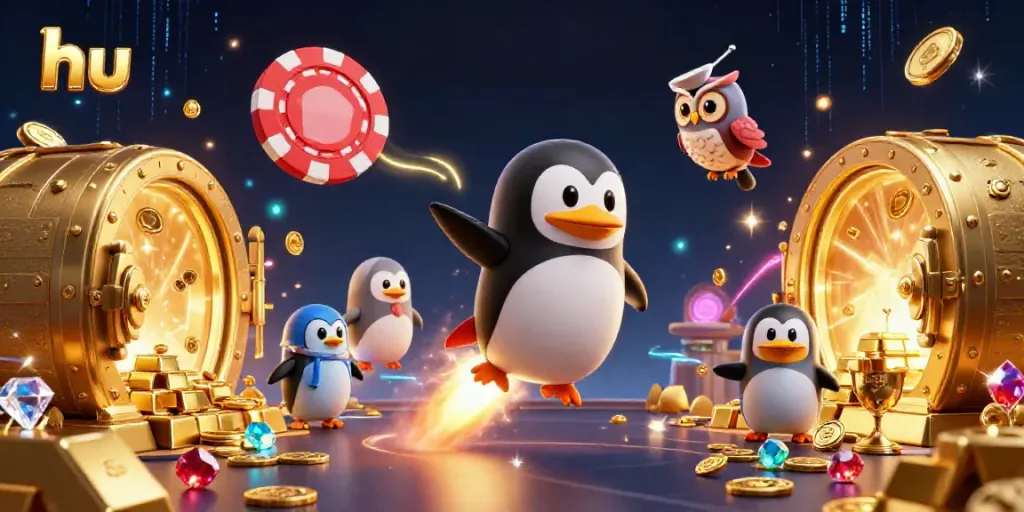 Experience the thrill of gambling with hu's dynamic golden penguin rocket in this vibrant casino scene.