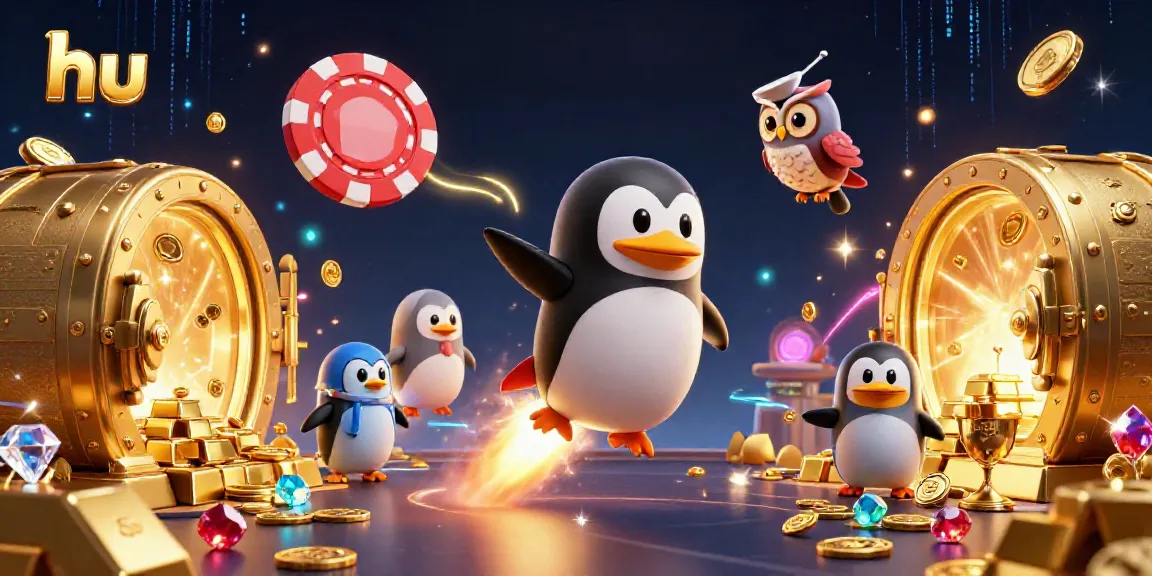 Experience the thrill of gambling with hu's dynamic golden penguin rocket in this vibrant casino scene.