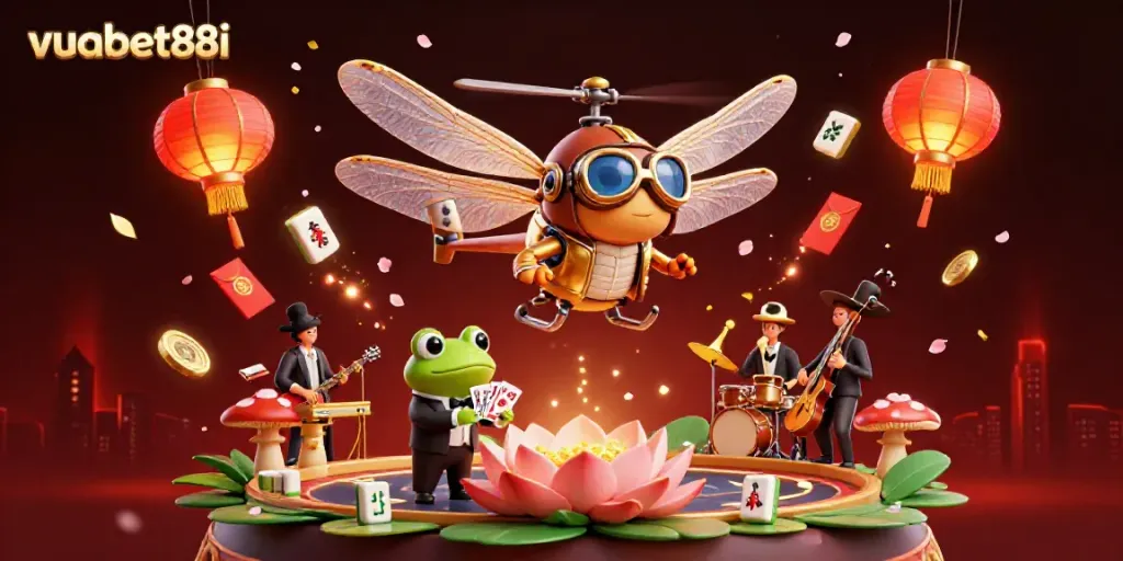 Bet on excitement with vuabet88i at a vibrant lily pad casino featuring animated characters and festive elements.