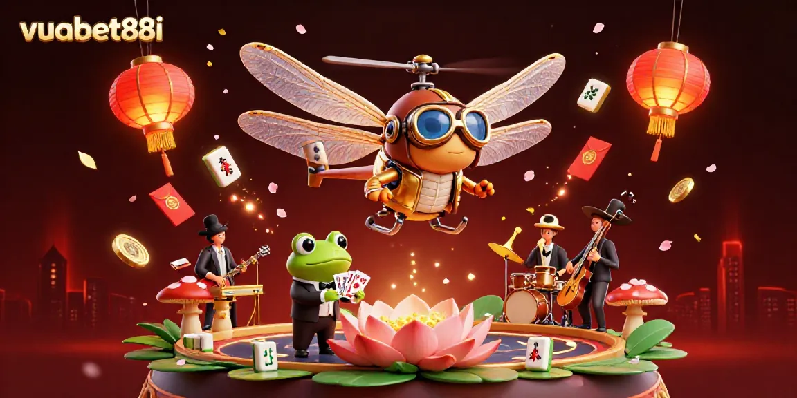 Bet on excitement with vuabet88i at a vibrant lily pad casino featuring animated characters and festive elements.