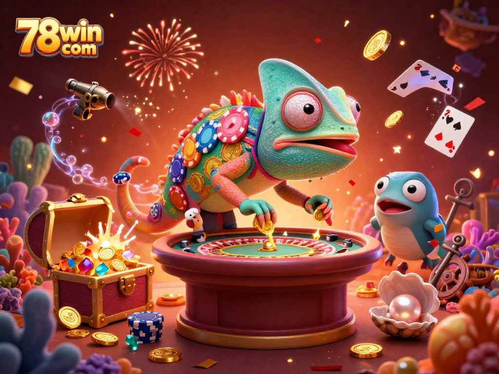 Engage with immersive gaming at 78win com featuring dynamic chameleon casino owner collecting coins.