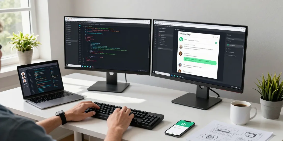 Developer engaging with WhatsApp網頁版 on dual monitors in a modern workspace