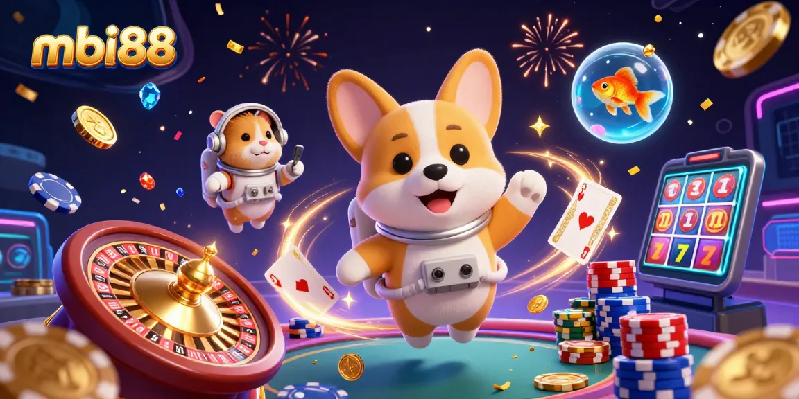 Experience luck at mbi88 with a space-themed 3D casino illustration featuring whimsical characters.