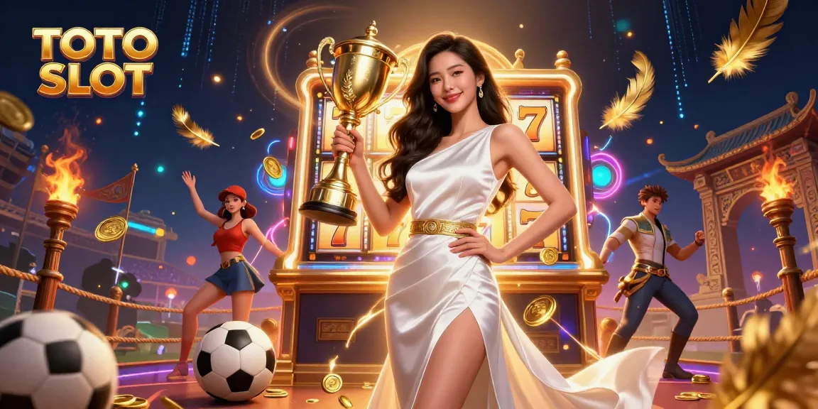 TOTO SLOT features a victorious Asian woman holding a trophy in a dynamic gaming scene with vibrant slot elements.