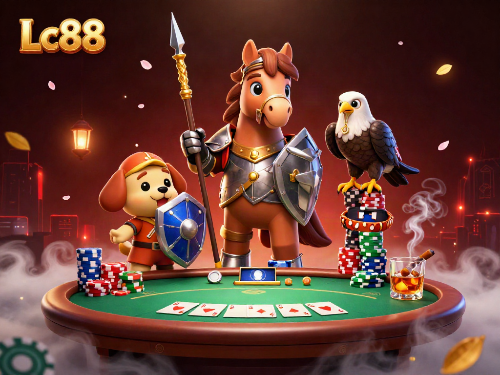 Engage with Lc88 in an epic poker battle featuring dynamic characters and vibrant casino elements.