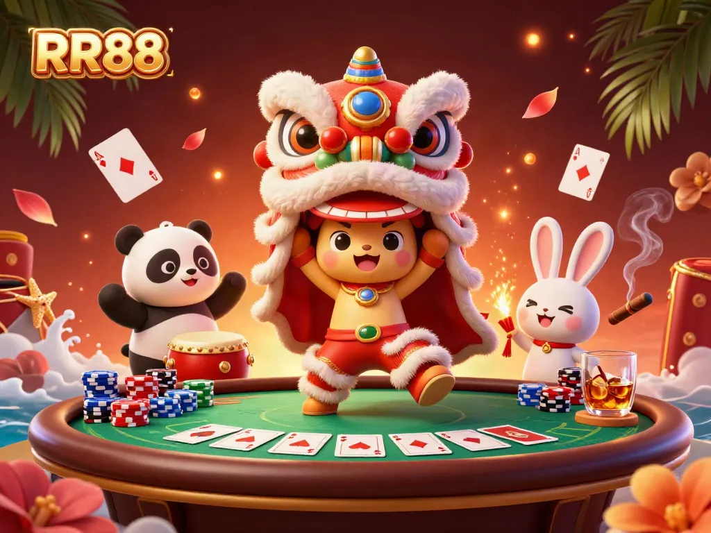 Experience the excitement of RR88 with a vibrant 3D lion dance scene showcasing thrilling poker game elements.