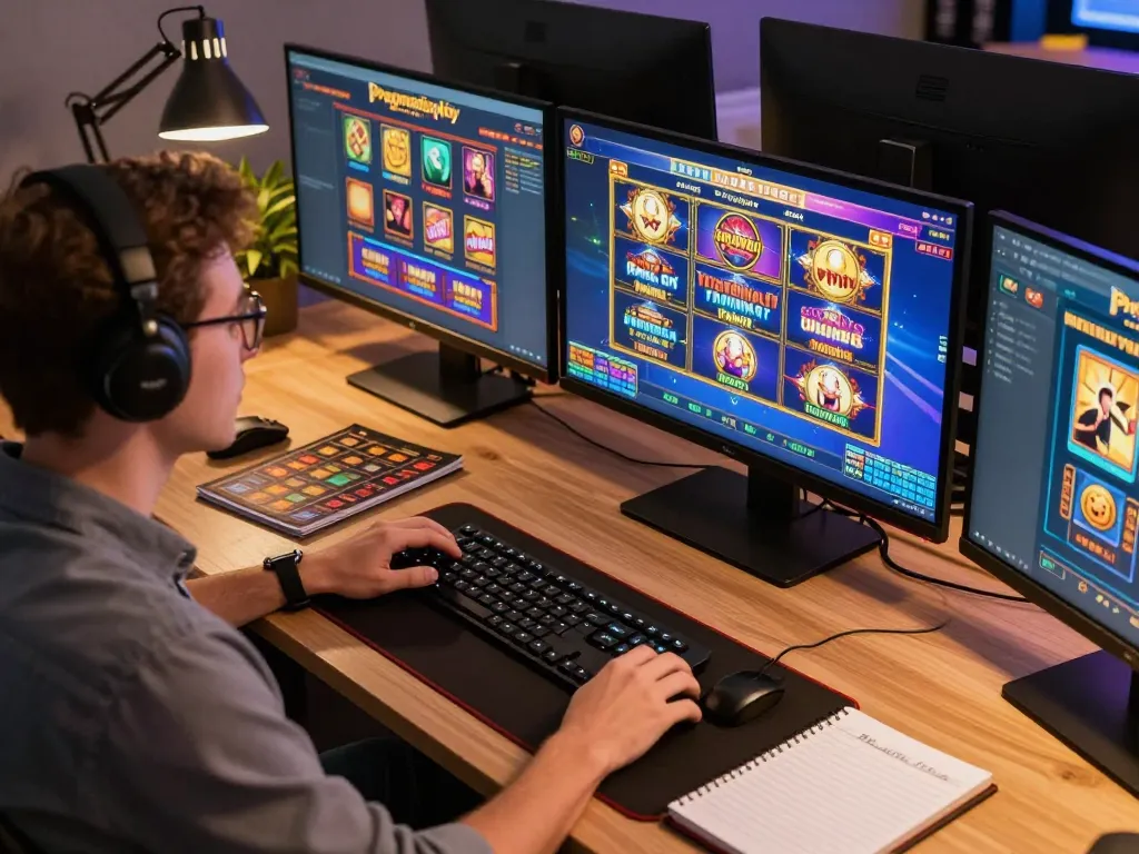 Engaging gameplay on Pragmaticplay slots displayed on multiple screens of a focused online gambler.