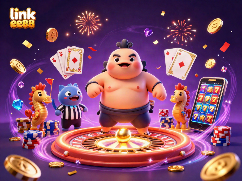 Celebrate with link ee88 by exploring a colorful underwater casino scene featuring a fugu character, coins, and games.