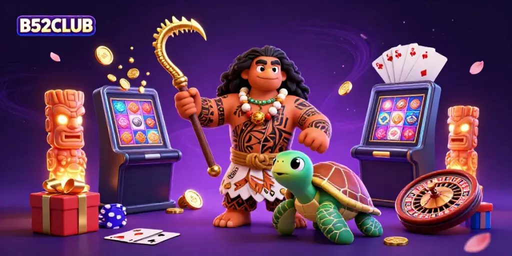 B52CLUB’s vibrant casino illustration showcasing a demigod and turtle amidst dynamic gaming elements.