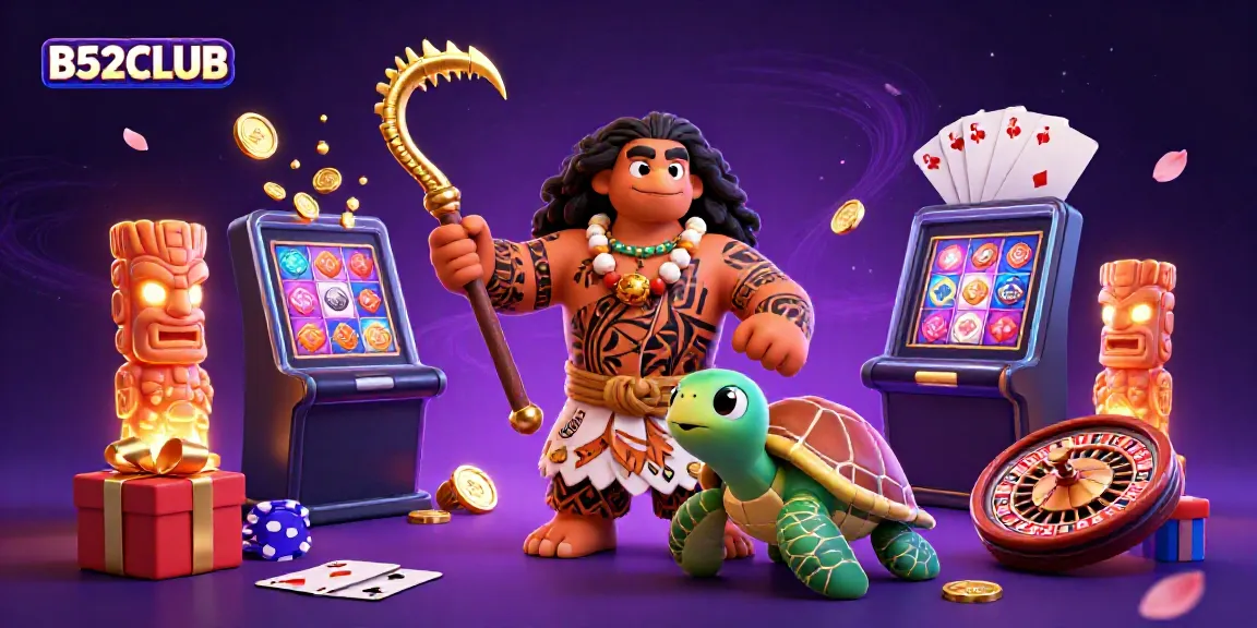 B52CLUB’s vibrant casino illustration showcasing a demigod and turtle amidst dynamic gaming elements.