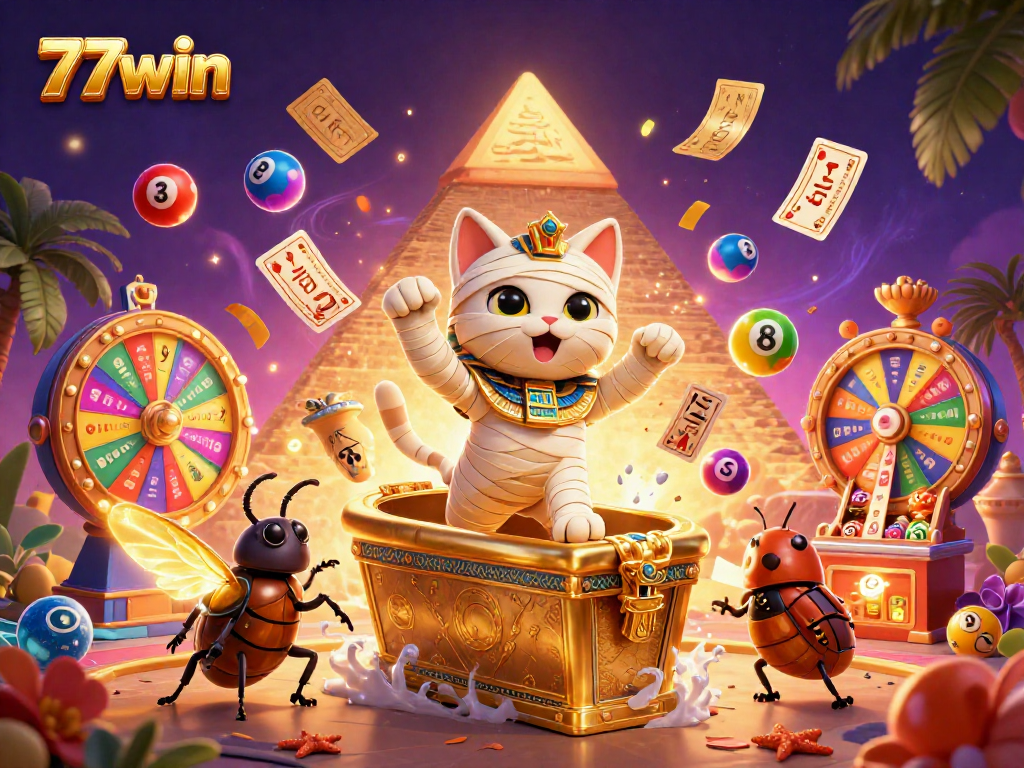 Experience thrilling gameplay at 77win with a vibrant Egyptian casino scene full of action.