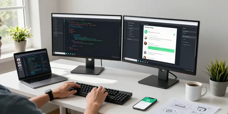 Developer engaging with WhatsApp網頁版 on dual monitors in a modern workspace