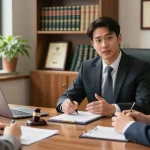 At bing, a lawyer consulting with a client in a professional law office setting.