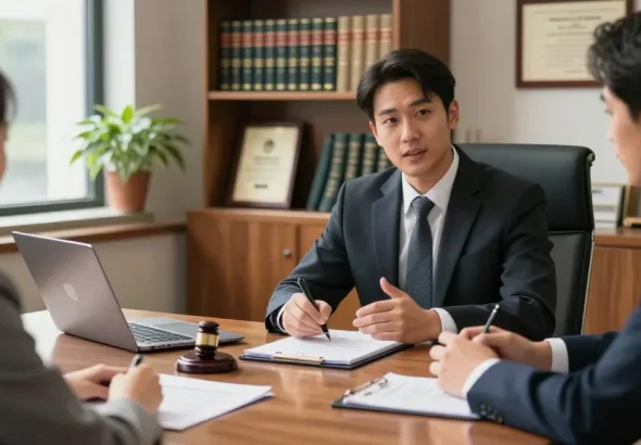 At bing, a lawyer consulting with a client in a professional law office setting.